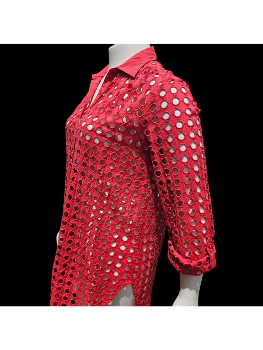 Adiva Red Eyelet Cutout Tunic Shirt Beach Coverup Roll Sleeve Size L - Picture 5 of 12